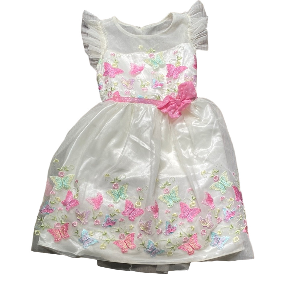Girls' White Dress with Colorful Butterfly Embroidery